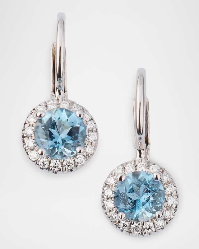 18K White Gold Round Aquamarine and Diamond Earrings